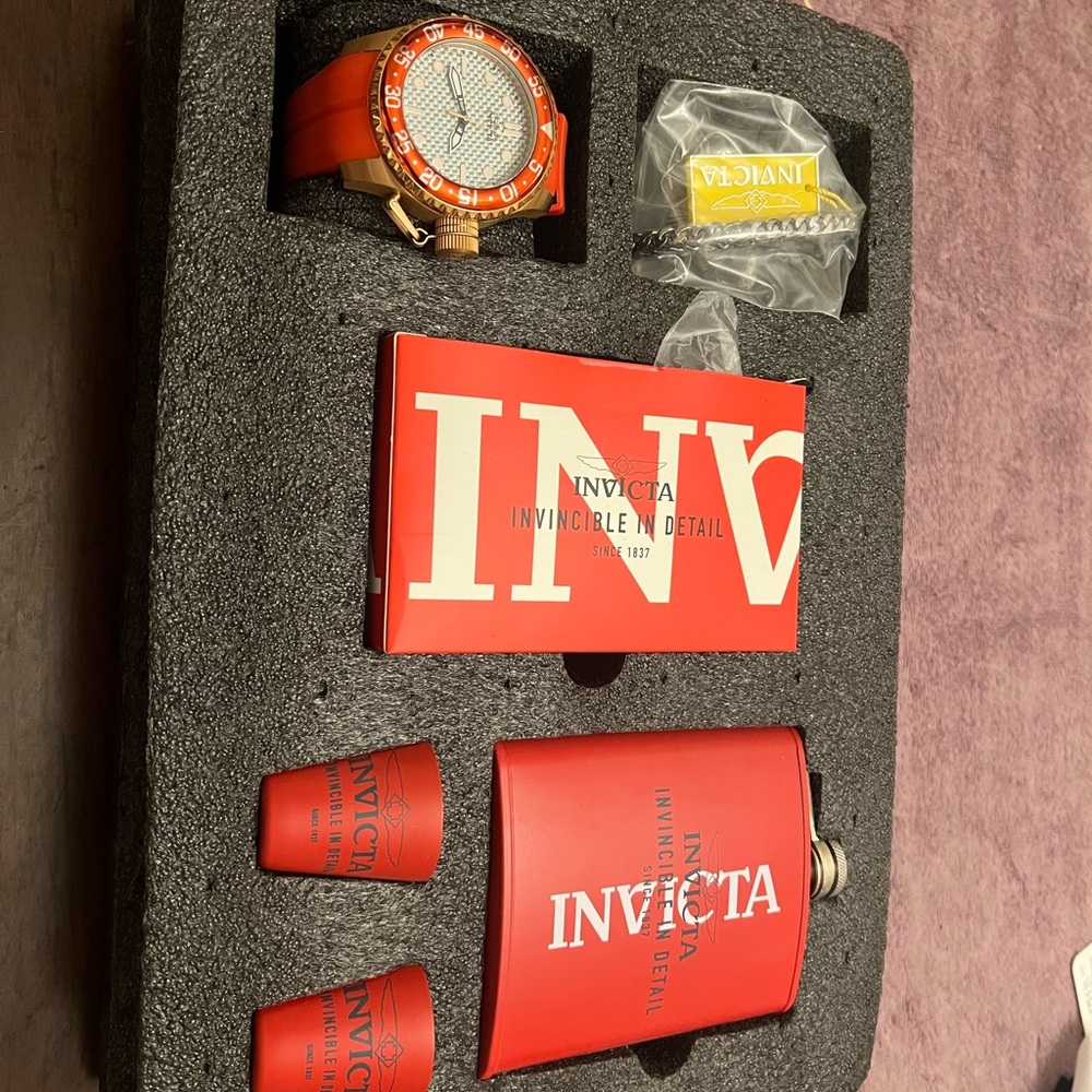Invicta Red watch set with flask and bracelet